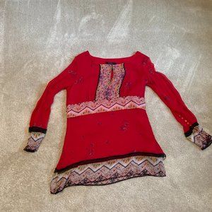 ECI New York Silk Red Gauze and Print Long Sleeve Top M